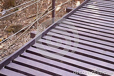 Wood sling bridge in forest Stock Photo