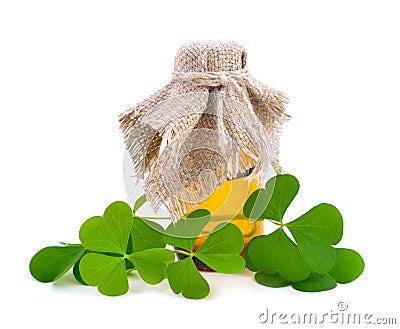 Wood-sorrel leawes with pharmaceutical bottle. Stock Photo