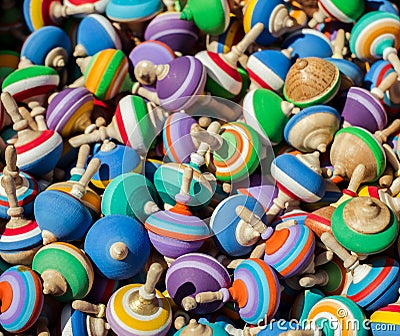 Wood spinning tops collors Stock Photo