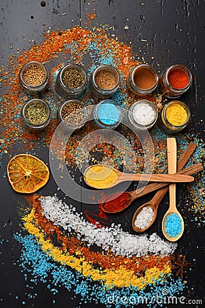 Wood spoons with paprika, turmeric and sea salt Stock Photo