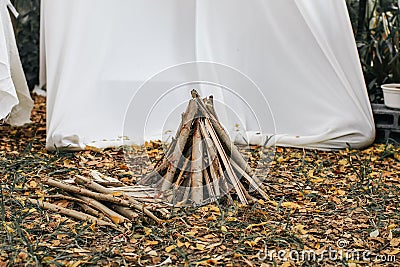 Wood Stack Bonfire in forest campsite setting. Campfire logging pile, wood trunks or tree logs. Stock Photo