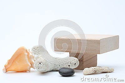 Wood stack cube platform podium on gray light copy spase background. Minimal empty display product presentation scene Stock Photo