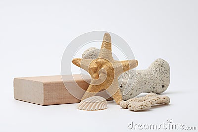 Wood stack cube platform podium on gray light copy spase background. Minimal empty display product presentation scene Stock Photo