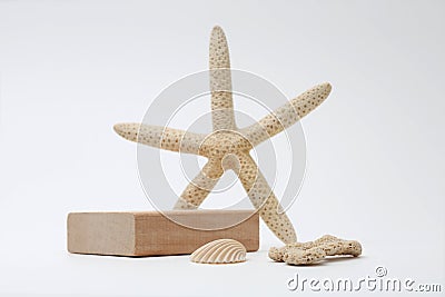 Wood stack cube platform podium on gray light copy spase background. Minimal empty display product presentation scene Stock Photo