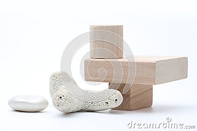 Wood stack cube platform podium and stones on gray light copy spase background. Minimal empty display product presentation scene Stock Photo