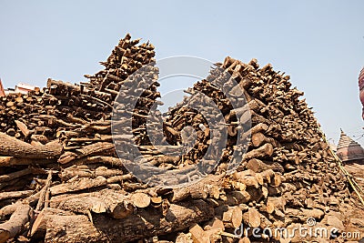 Wood stacked for burning at Manikarnika Ghat Stock Photo