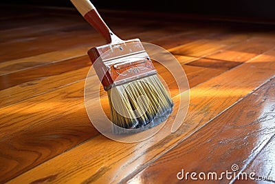 wood stain and brush for refinishing repaired floor section Stock Photo