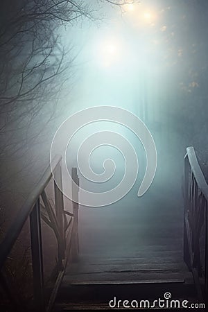 wood staircase in the fog. misty forest. Stock Photo