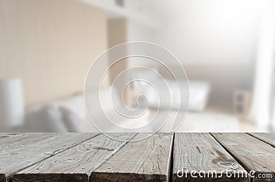 Wood table blur bedroom Stock Photo