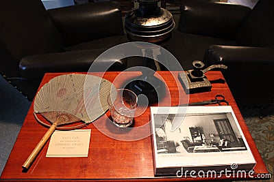 Wood table with displayed items in Grant's cottage where Ulysses S.Grant passed away 1885,New York Editorial Stock Photo