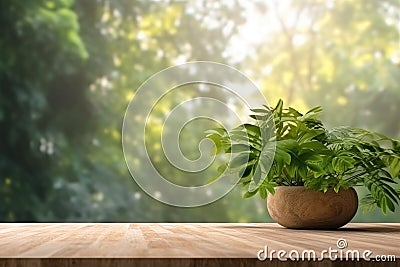 Wood Table Green Wall Background Sunlight, eco friendly interior concept, AI generated Stock Photo