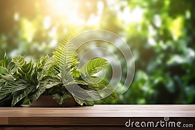 Wood Table Green Wall Background Sunlight, eco friendly interior concept, AI generated Stock Photo