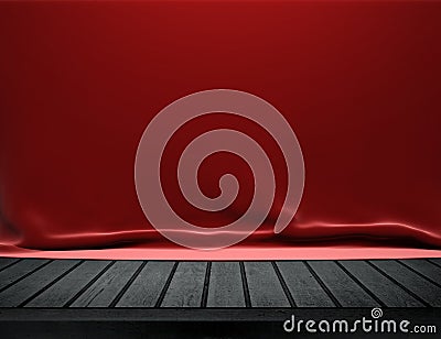 Wood table with red velvet cloth background Stock Photo