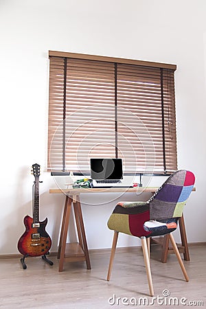 Wood table set in working space. Stock Photo