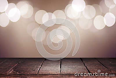 Wood table top on abstract bokeh background of lights Stock Photo