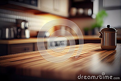 Wood table top on blur kitchen counter (room) in background . copy spacy for product. AI Generative Stock Photo