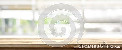 Wood table top on blur kitchen window background Stock Photo