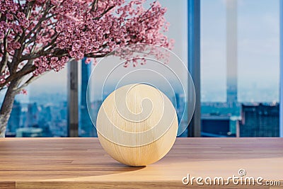 Wood table top and blurred bokeh modern office interior with one wooden sphere ball; 3D Illustration Stock Photo