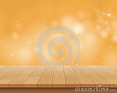 Wood table top on golden bokeh abstract background Vector Illustration