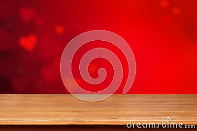 Wood table top on red heart abstract background Stock Photo