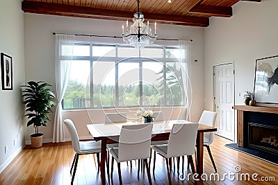 Wood table unoccupied in front of city skyline during Stock Photo