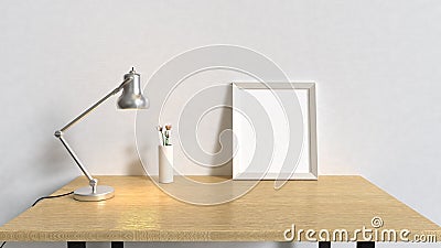 Wood table in white room and blank frame silver lamp 3d render interiors Stock Photo