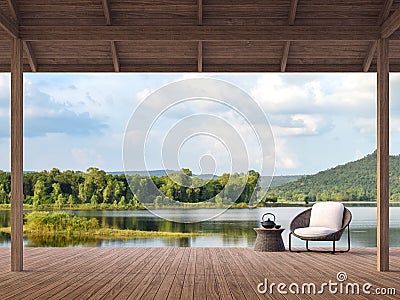 Wood terrace with beautiful lake and mountain view 3d render Stock Photo