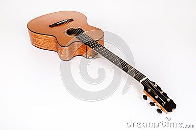 Wood texture of lower deck of six strings acoustic guitar on white background. guitar shape Stock Photo