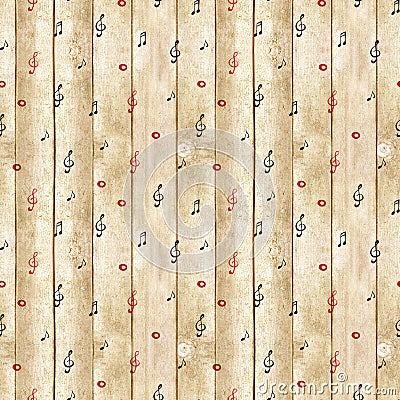 Wood texture - musical background. Watercolor notes seamless pattern Stock Photo