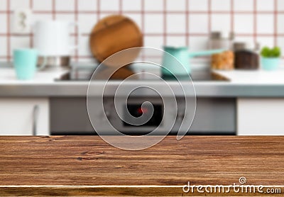 Wood texture table on kitchen stove bench background Stock Photo