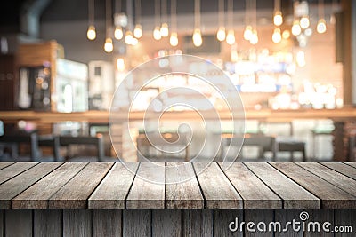 Wood top table with space for display product in Blurred c Stock Photo