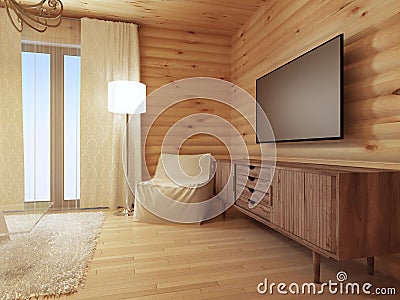 Wood TV console with a comfortable white armchair and a floor la Stock Photo