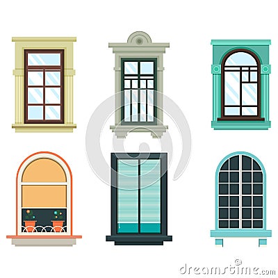 Wood windows frames isolated set exterior view Vector Illustration