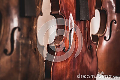 Woodworking art, musical intruments and violins made of oak wood Stock Photo