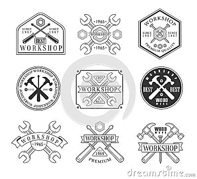 Wood Workshop And Emblems Vector Illustration