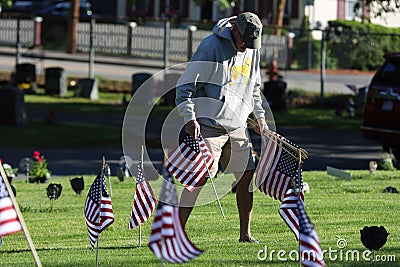 Volunteers placing an American Flag on the grave of a Military Veteran for Memorial Day Editorial Stock Photo