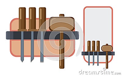 Woodcarving tools various chisels and a hammer - mallet. Vector illustration in flat style Vector Illustration