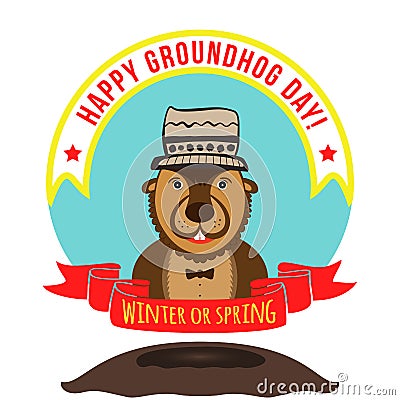 Woodchuck on winter background with a funny hat on his head. Hap Cartoon Illustration