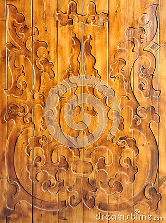 Woodcraft, Chinese oriental art on natural wooden plank. Stock Photo