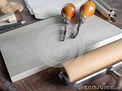 Woodcut Art Tools Stock Photo