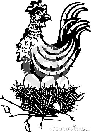 Woodcut Chicken on nest Vector Illustration