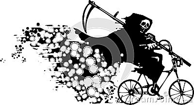 Woodcut style of death riding a bicycle spreading covid pandemic Vector Illustration