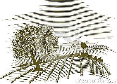 Woodcut Farm Scene Vector Illustration