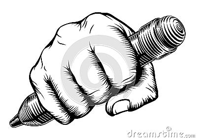 Woodcut Fist Hand Holding Pencil Vector Illustration