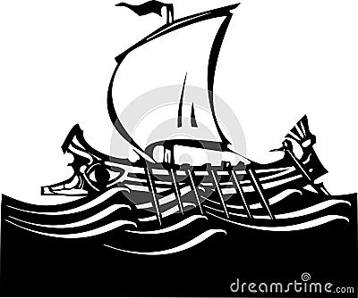 Woodcut Greek Galley Sea Vector Illustration