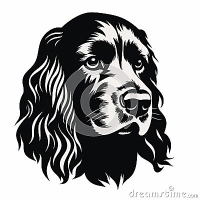 Woodcut-inspired Black And White English Spaniel Dog Portrait Cartoon Illustration