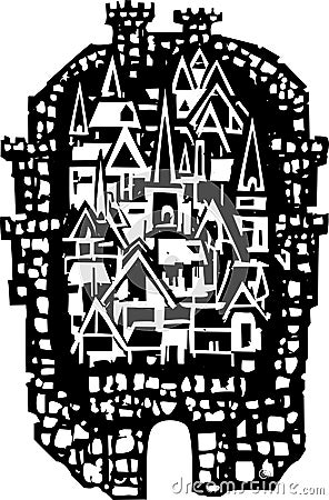 Woodcut Medieval City Vector Illustration