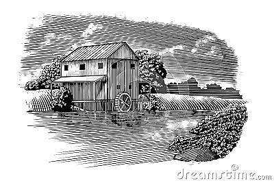 Woodcut Mill on River Vector Illustration