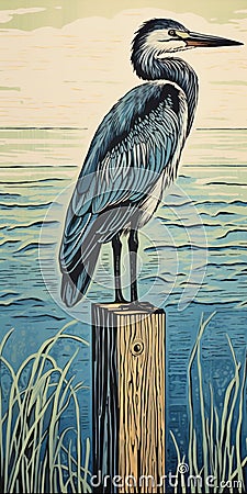 Woodcut On Plywood Blue Heron: Bay Area Figurative Art Inspired Uhd Image Cartoon Illustration