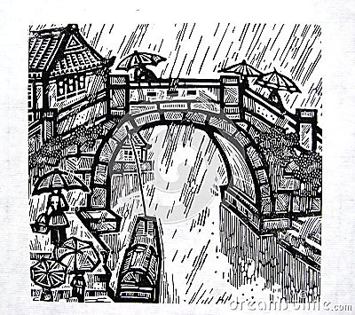 Woodcut print of a southern China Water town in rain Stock Photo